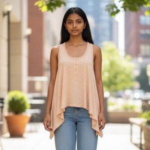 DressUp Boutique Women’s Hi-Lo Sleeveless Raw Edge Three Button Beige Top Size-L